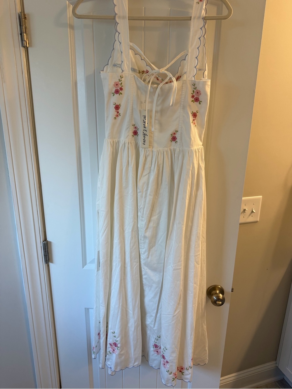 For Love & Lemons Tea Time White Midi Dress with Pink Floral Embroidery - Picture 9 of 15
